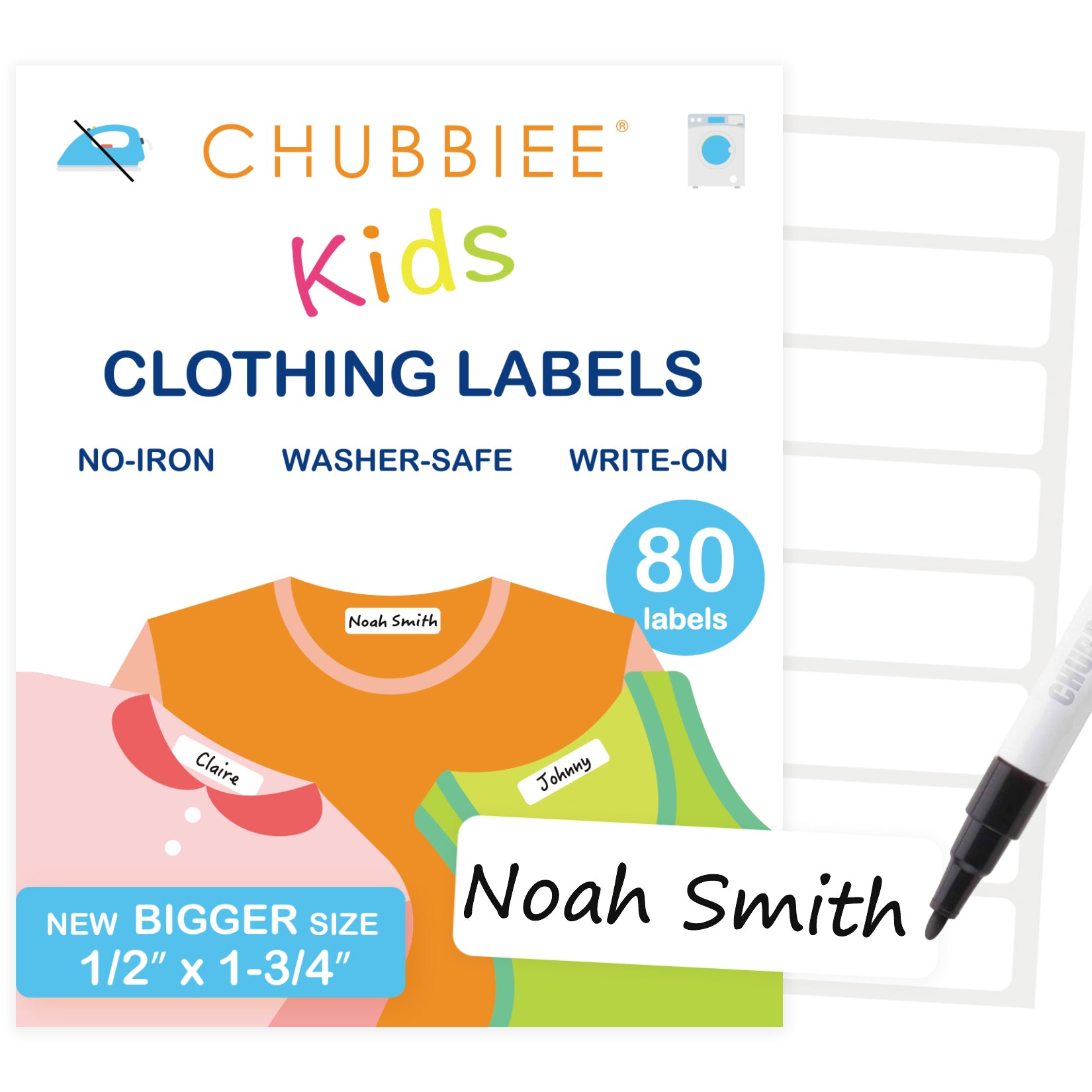 96 Clothing Labels Self-Stick No-Iron Write-On, Writable Fabric Labels, Washer & Dryer Safe, Great for Children & Adults, School, Camp, Nursing Home